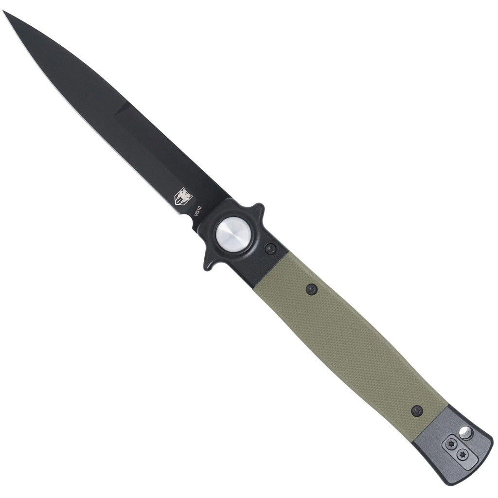 CobraTec Stiletto Button Lock G10 Knife in Olive/Black - Front View