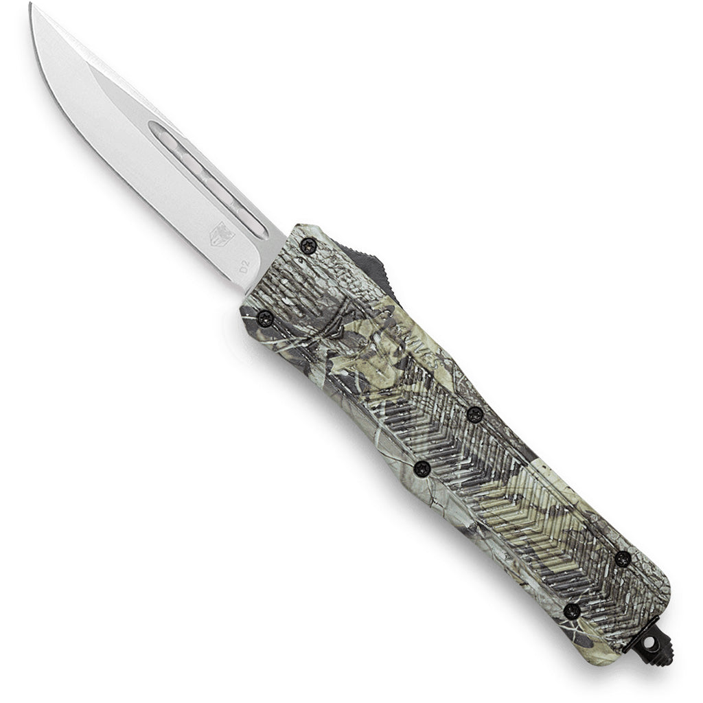 CobraTec Medium CTK-1 OTF Knife in Woodland Camo - Front View