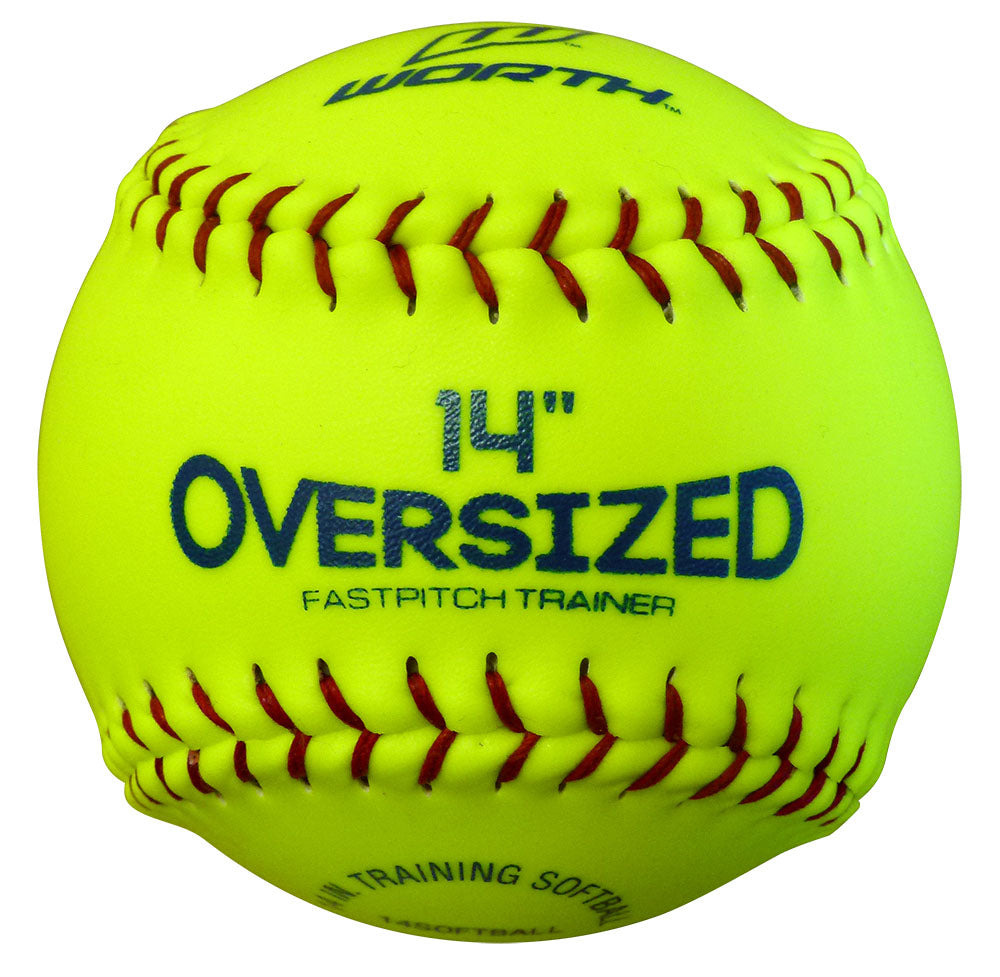 Worth 14-inch oversized fastpitch training softball in bright yellow with red stitching designed for pitching practice and skill development.