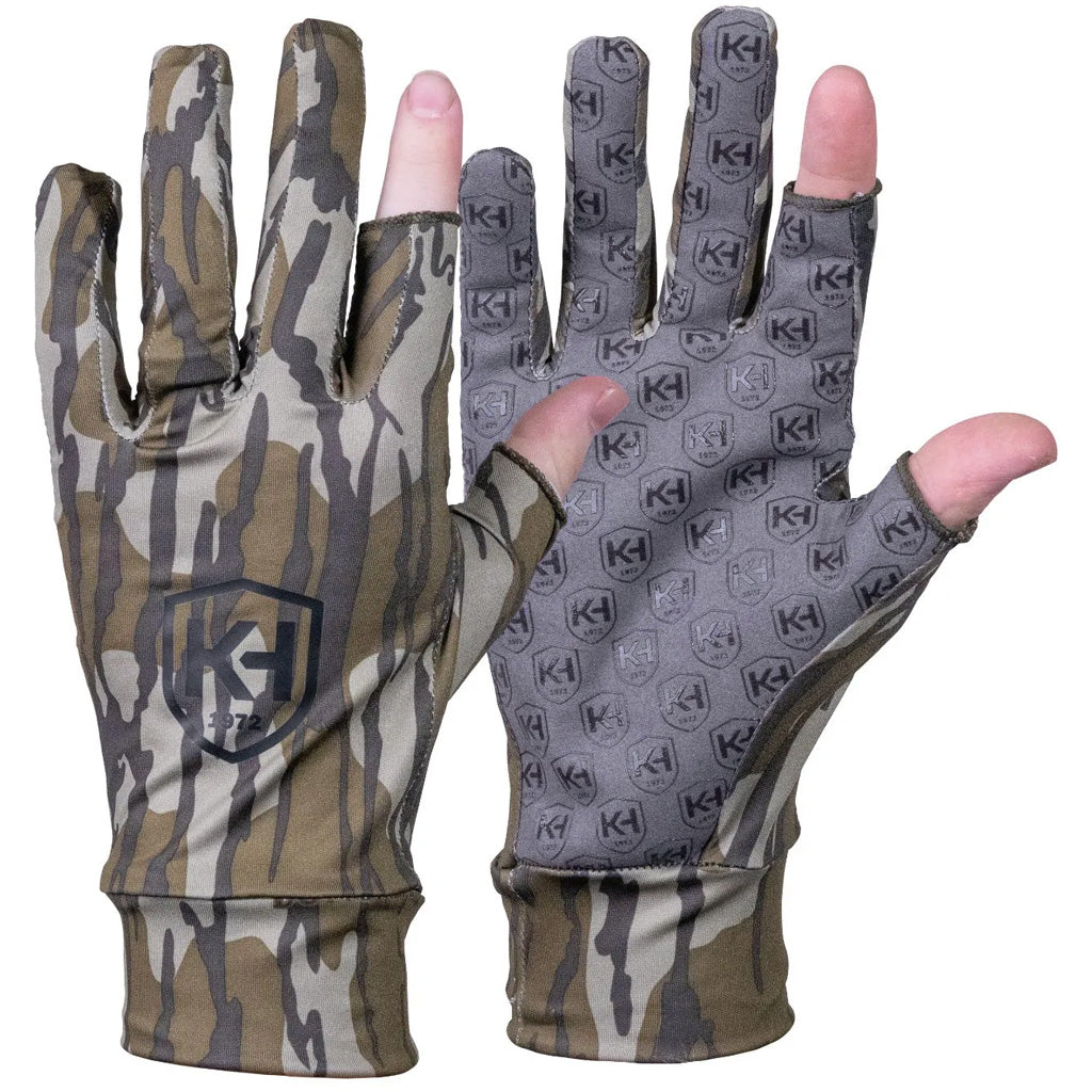 Knight and Hale Run N Gun Gloves in Mossy Oak Bottomlands Camo - Front View