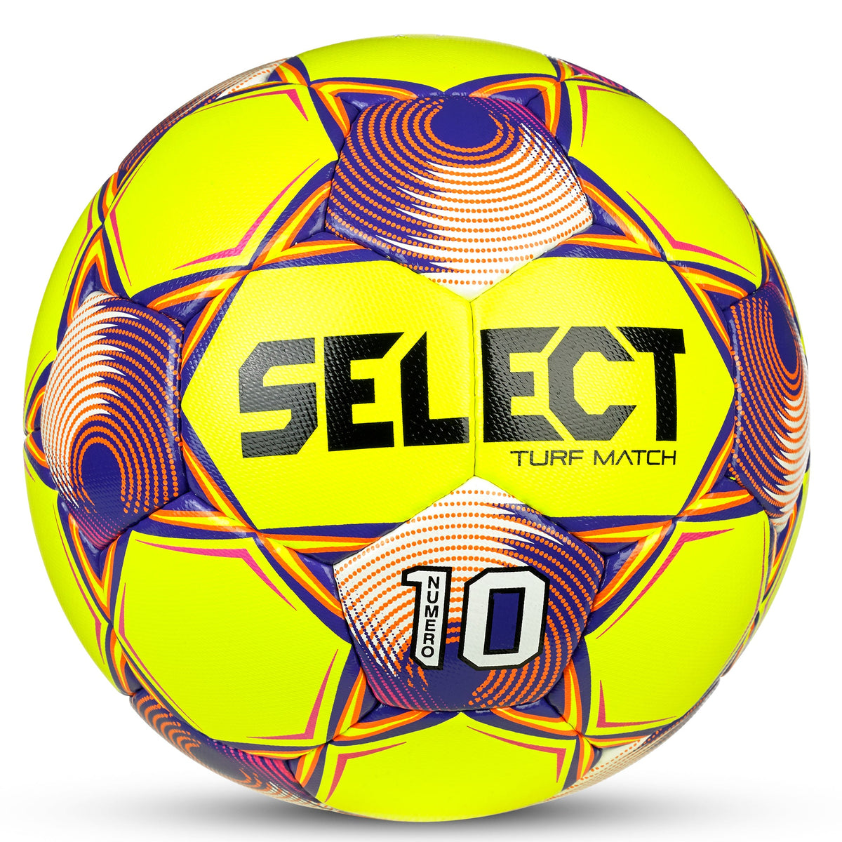 Select Numero 10 Turf Match v25, Wet Weather Turf Ball in Yellow/Orange/Purple - Front View