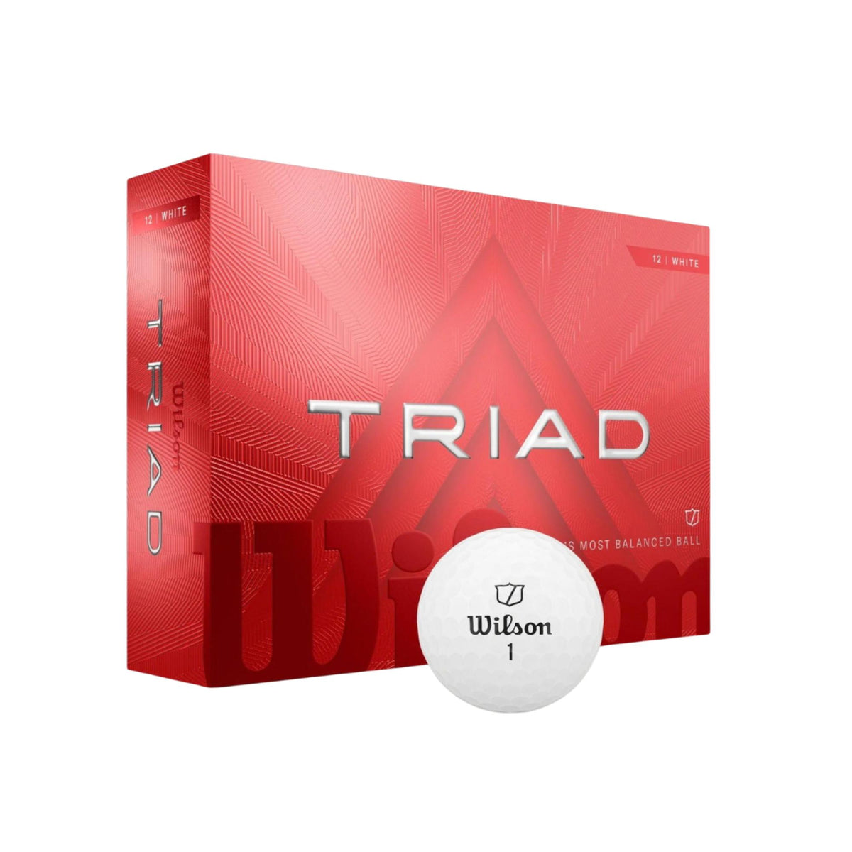 Wilson Golf Triad golf balls 12-pack in white, shown with a red Wilson Triad box and a single golf ball featuring the Wilson logo.