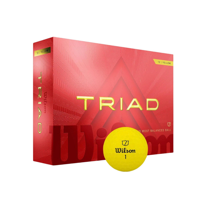 Wilson Golf Triad golf balls 12-pack in yellow, shown with a red Wilson Triad box and a single golf ball featuring the Wilson logo.