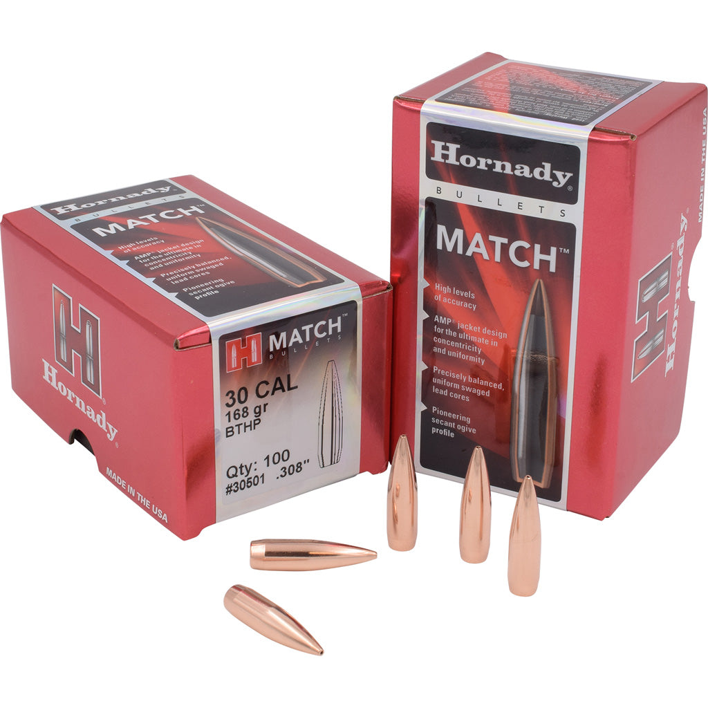 Hornady Match Bullets in 30 cal. .308 168 gr. BTHP Match 100 box - Front View