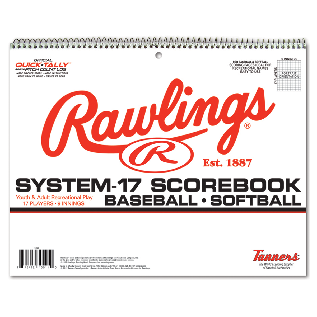 Rawlings System-17 baseball and softball scorebook with spiral binding, designed for tracking up to 17 players and 9 innings for youth and adult recreational games. ⚾