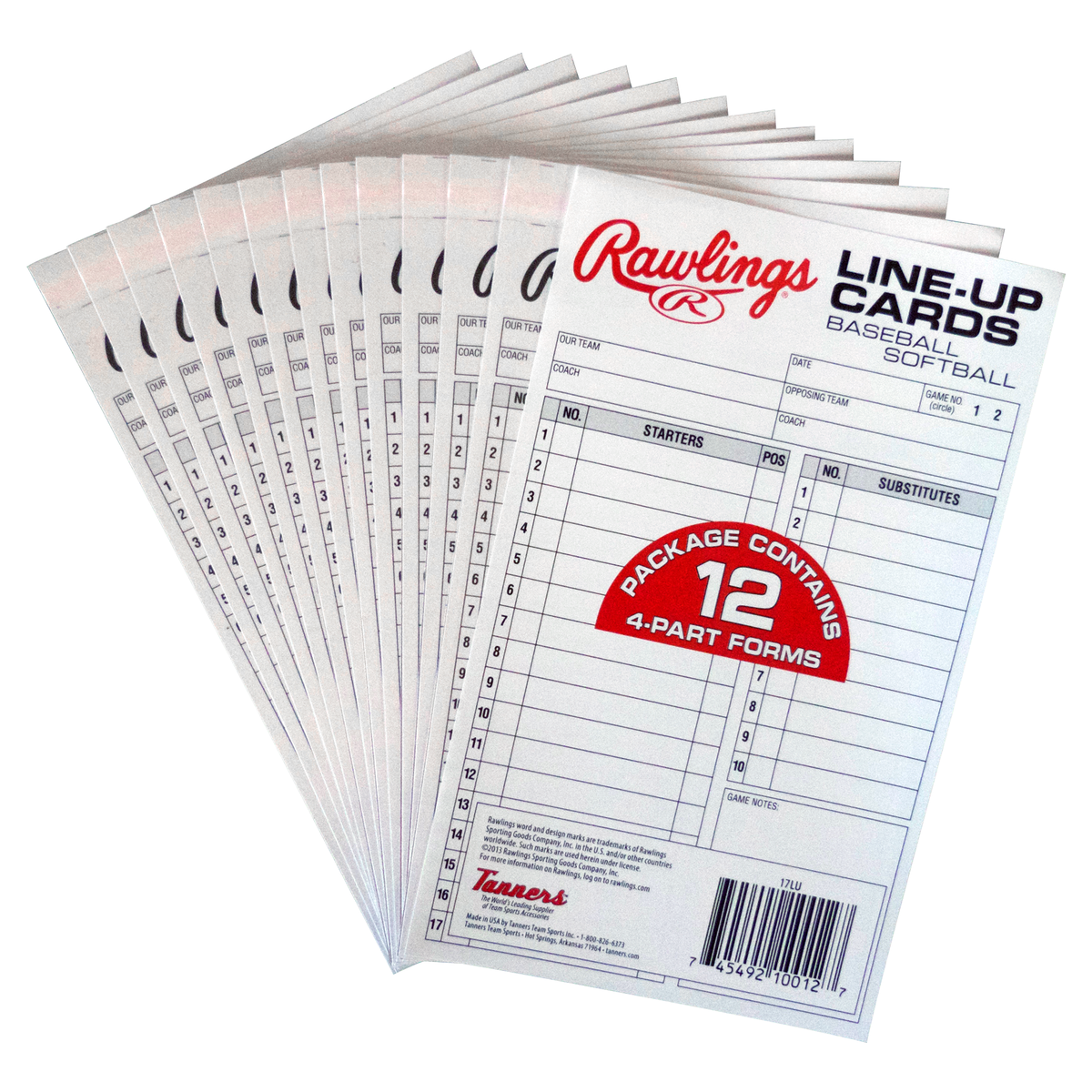 Rawlings baseball and softball line-up cards pack containing multiple 4-part lineup sheets used by coaches and umpires to record team rosters, starting lineups, substitutions, and game details. ⚾