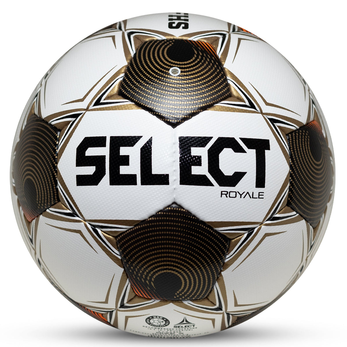 Select Royale NFHS v26, Hand Stitched Match Ball in White/Black/Gold - Front View