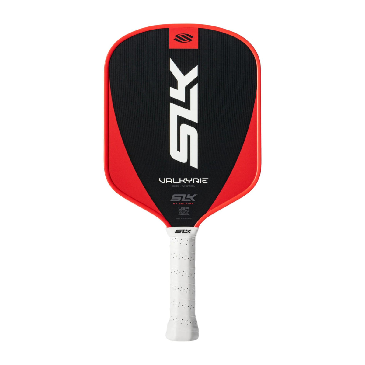 Selkirk SLK Valkyrie pickleball paddle with a textured face, wide body shape, and perforated grip handle.