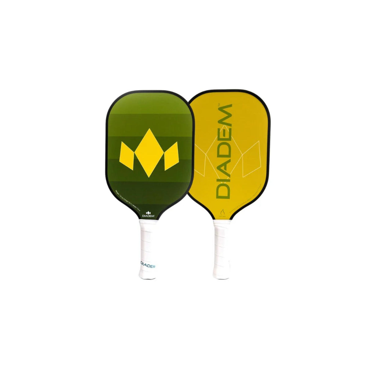Two pickleball paddles displayed side by side featuring branded graphics and cushioned grip handles.