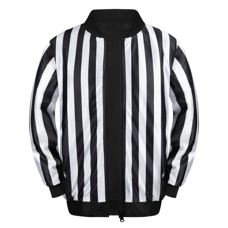 Black and white striped referee jacket on a white background