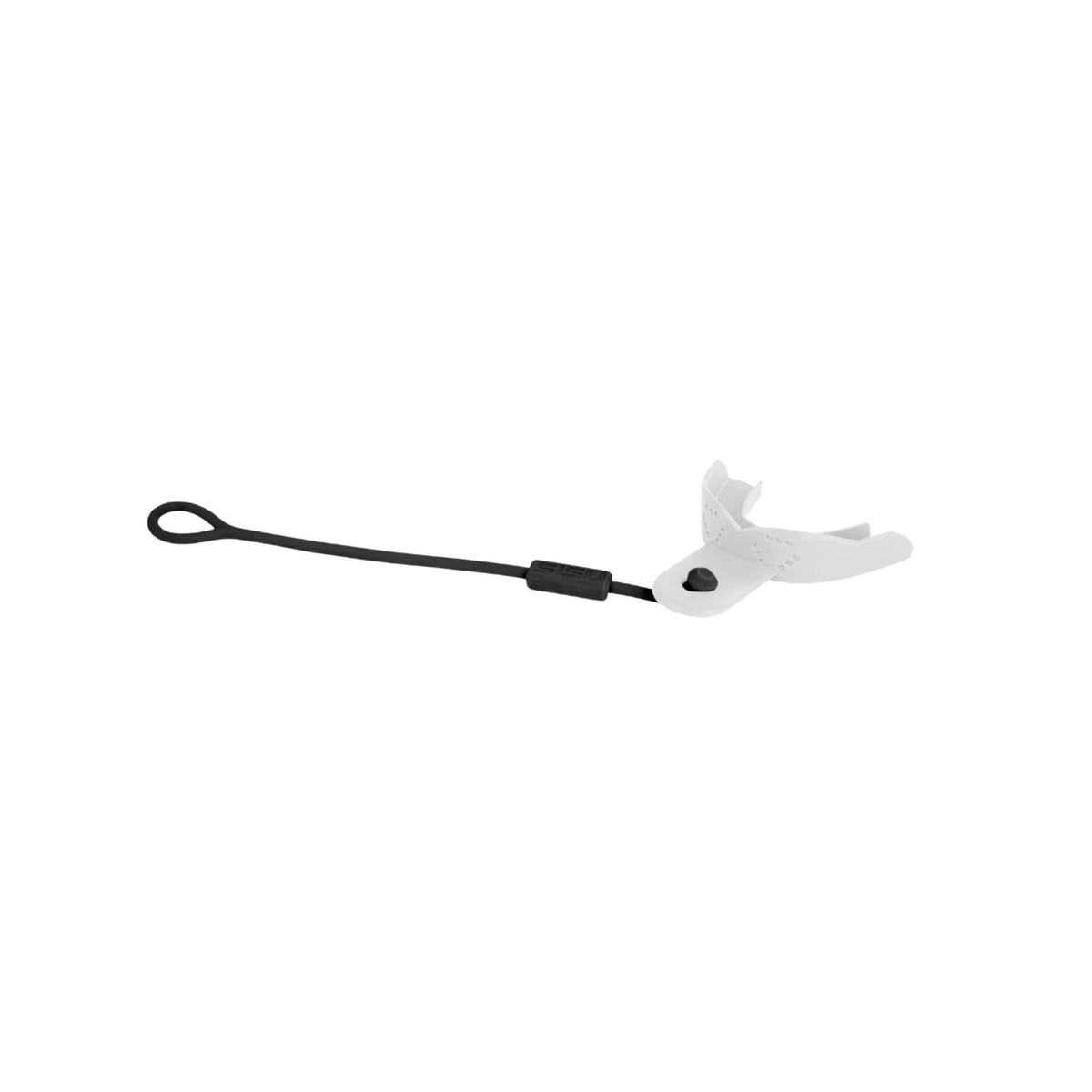 Adult mouthguard tether strap with adjustable slider and attachment clip for securing a mouthguard during sports activities.