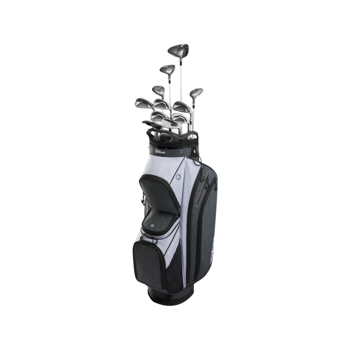 Wilson Golf Women’s PlayerFit complete golf club set with graphite shafts in a gray and black cart bag, featuring driver, fairway woods, irons, and putter displayed in the bag on a white background.