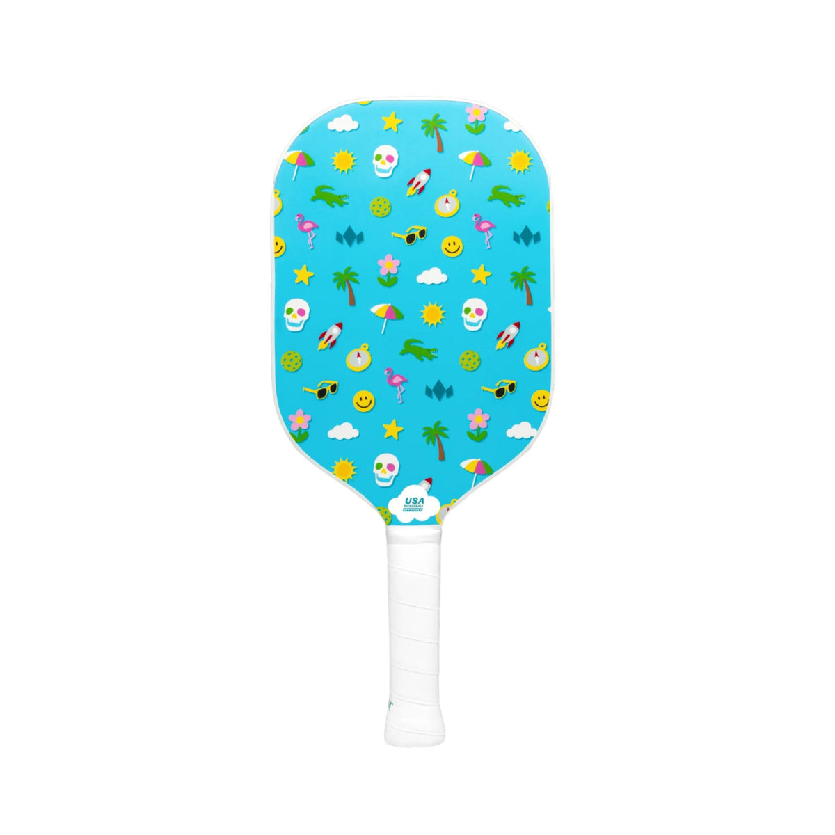 Diadem Icon Infinity Pro pickleball paddle featuring a playful all-over pattern with assorted icons, shown upright with a wrapped handle.