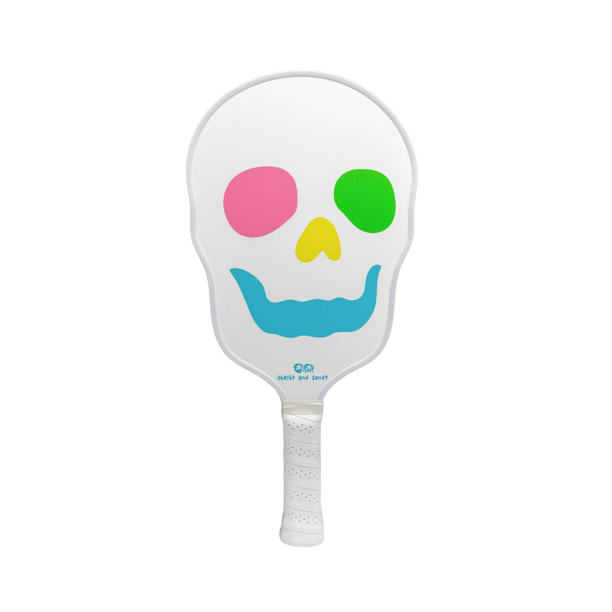 Pickleball paddle featuring a skull graphic design with colorful facial details and a cushioned grip handle.