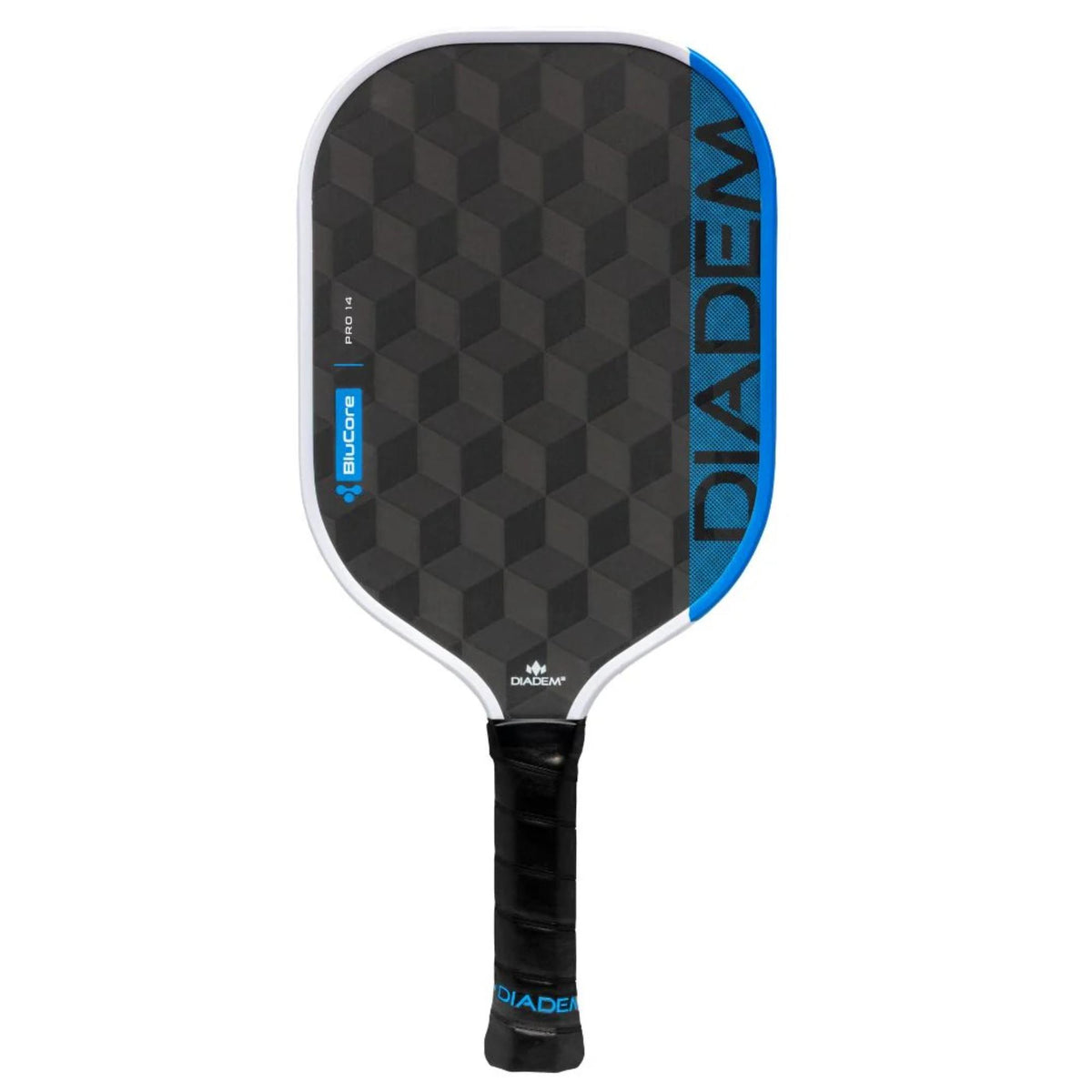 Diadem Edge BluCore Pro pickleball paddle with a textured geometric face, shown alongside product specifications and feature icons in a promotional layout.