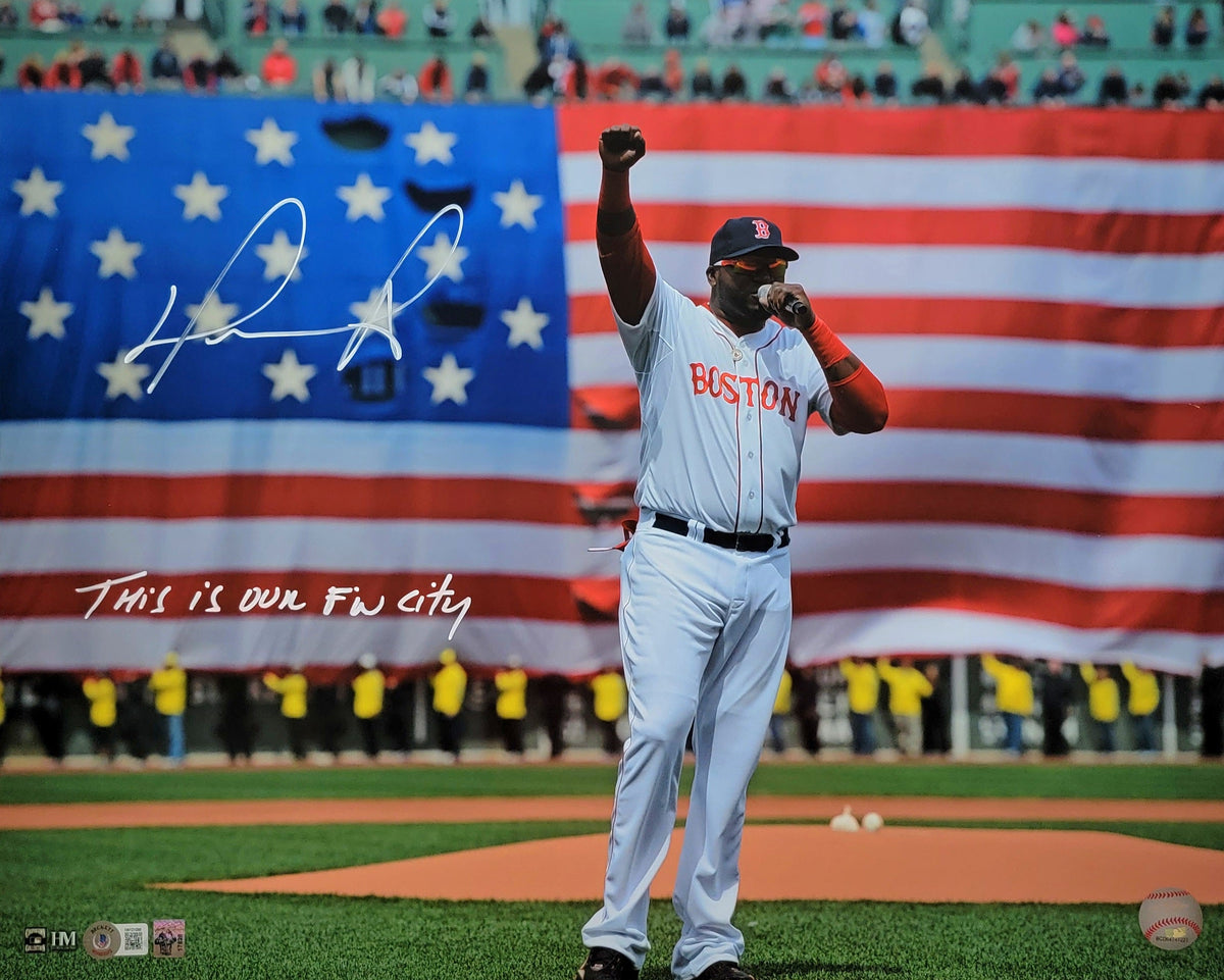 David Ortiz Autographed Boston Red Sox 2013 Flag 16x20 Photo W/ This is Our F'N City Beckett Witnessed