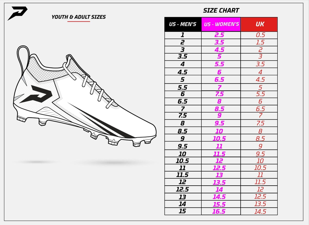 Phenom Elite Football Cleats - size chart