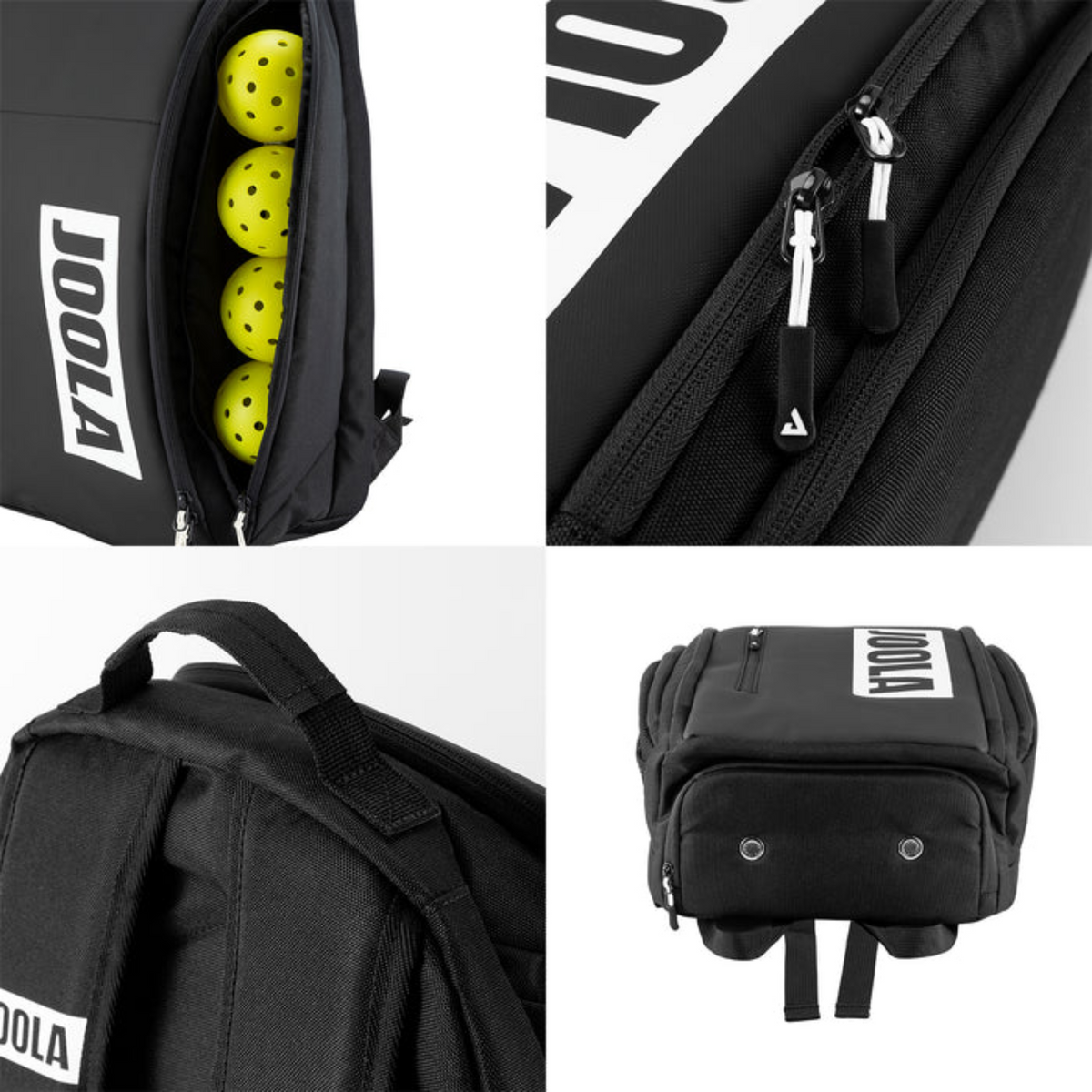 Black sports bag with yellow balls and JOOLA branding on a white background
