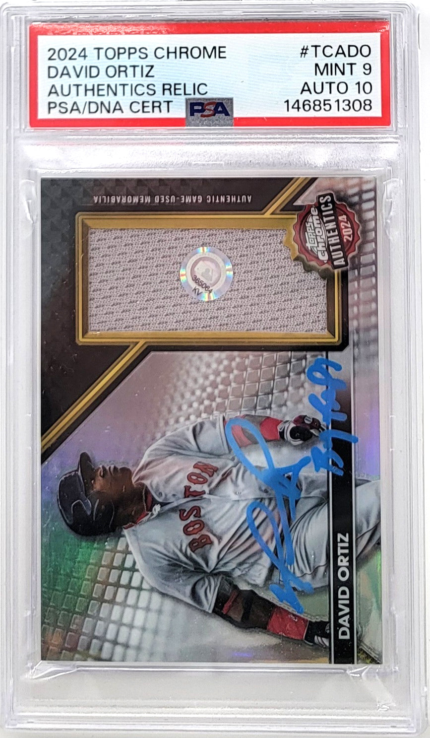 David Ortiz Autographed Boston Red Sox 2024 Topps Chrome Game Used Jersey Card W/ Big Papi PSA MINT 9 AUTO 10