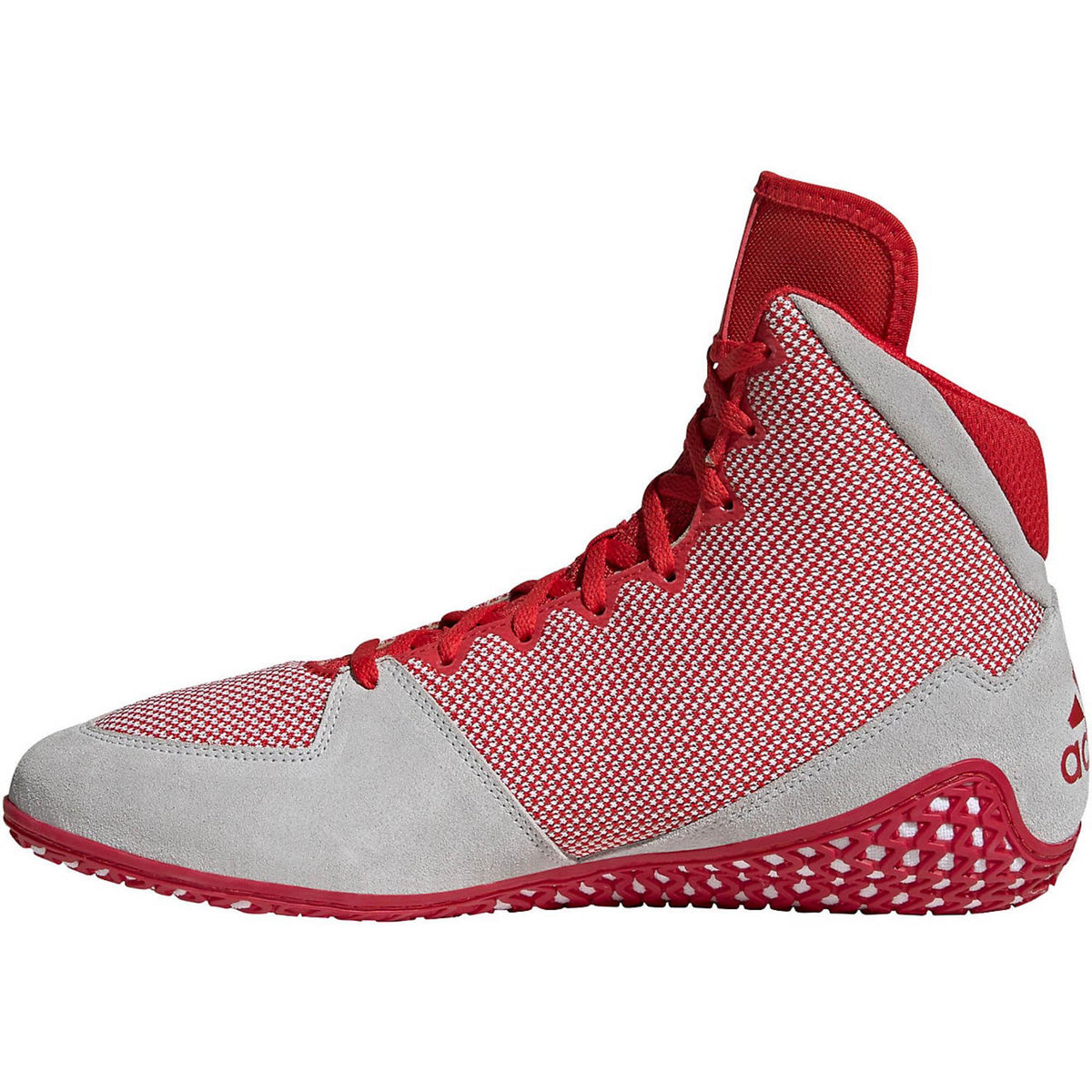 Red high-top wrestling shoes with a breathable knit upper, white three-stripe side branding, and light gray suede-style toe and heel overlays; shown in side and sole views, featuring a red rubber outsole with a dense honeycomb traction pattern and Adidas logo for grip and mat control.