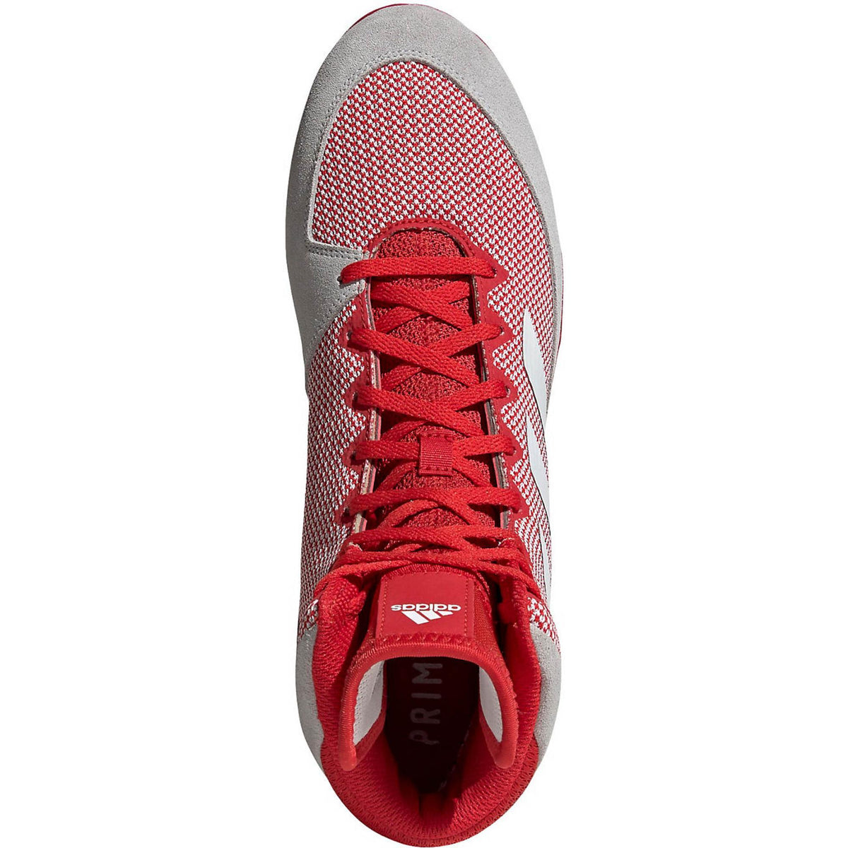 Red high-top wrestling shoes with a breathable knit upper, white three-stripe side branding, and light gray suede-style toe and heel overlays; shown in side and sole views, featuring a red rubber outsole with a dense honeycomb traction pattern and Adidas logo for grip and mat control.