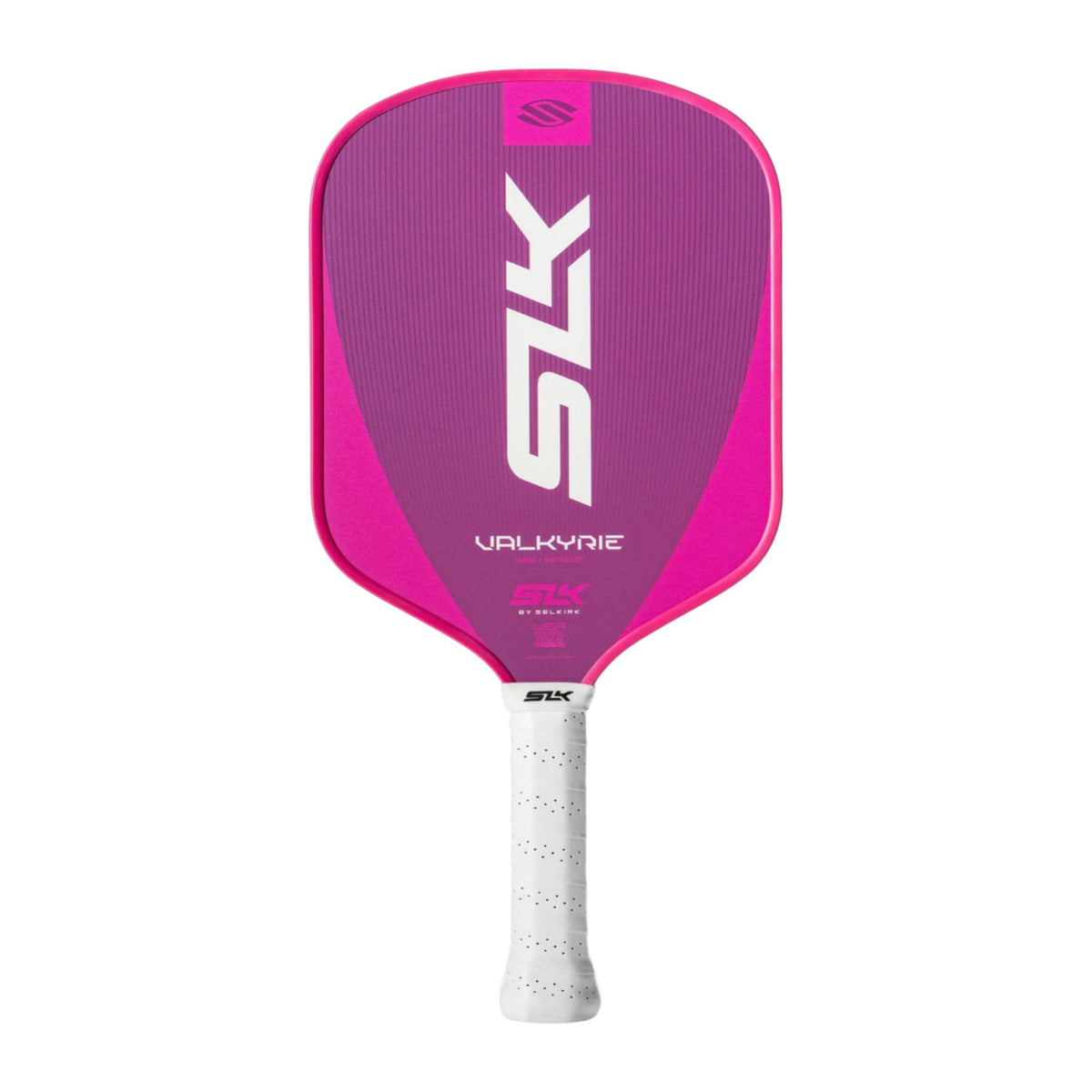 Selkirk SLK Valkyrie pickleball paddle with a textured face, wide body shape, and perforated grip handle.