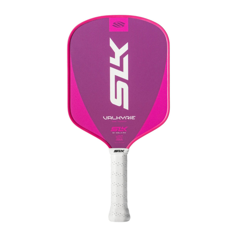 Selkirk SLK Valkyrie pickleball paddle with a textured face, wide body shape, and perforated grip handle.