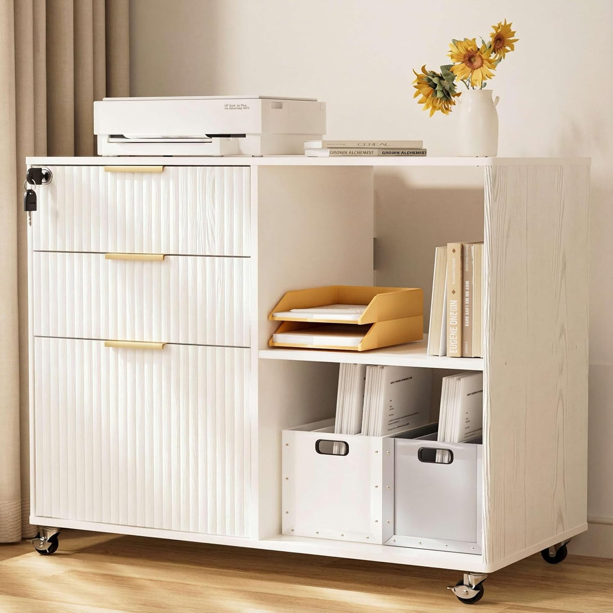 3-Drawer Mobile File Cabinet with Lock and Open Shelf - View 10