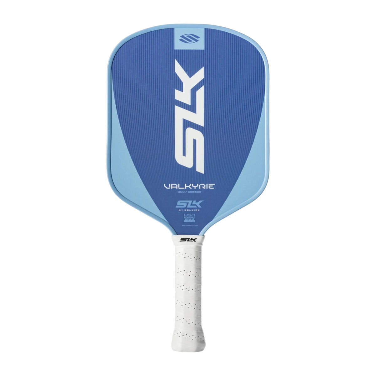 Selkirk SLK Valkyrie pickleball paddle with a textured face, wide body shape, and perforated grip handle.
