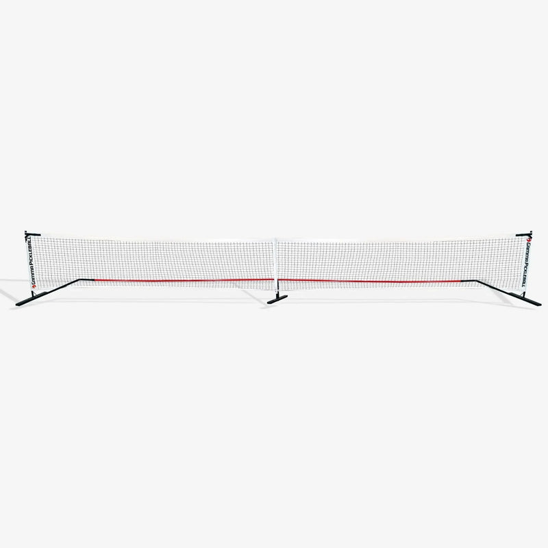 Portable pickleball net system with mesh netting and a stable frame designed for easy setup on a court.