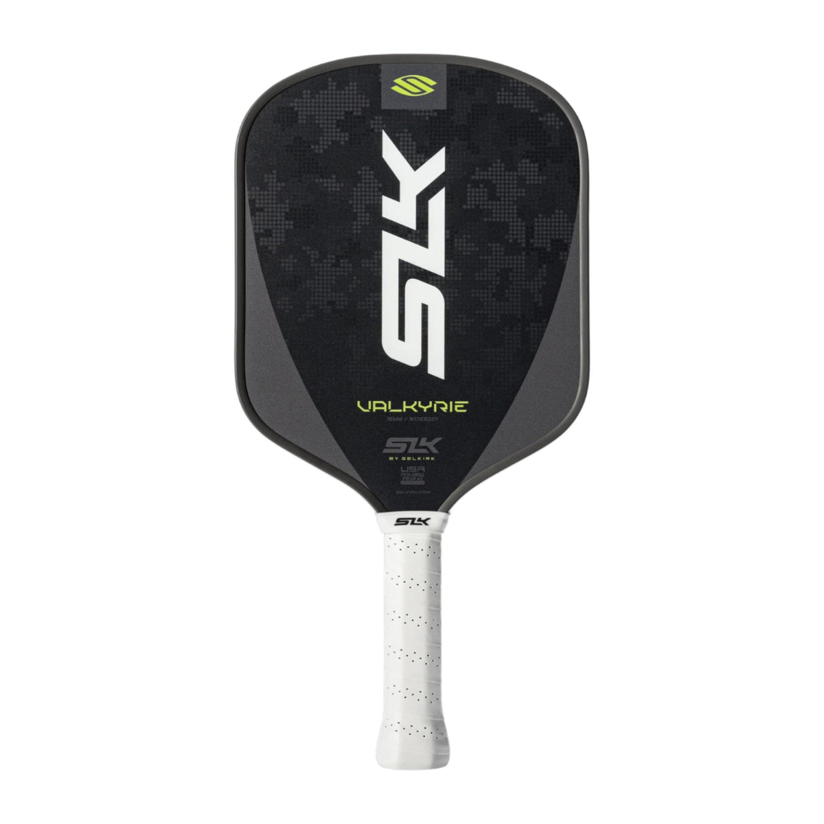 Selkirk SLK Valkyrie pickleball paddle with a textured face, wide body shape, and perforated grip handle.