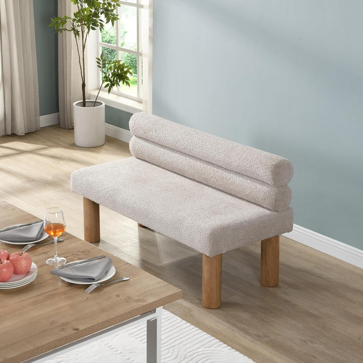 Boucle Upholstered Dining Bench with Rubberwood Legs, 51.77" L - View 6