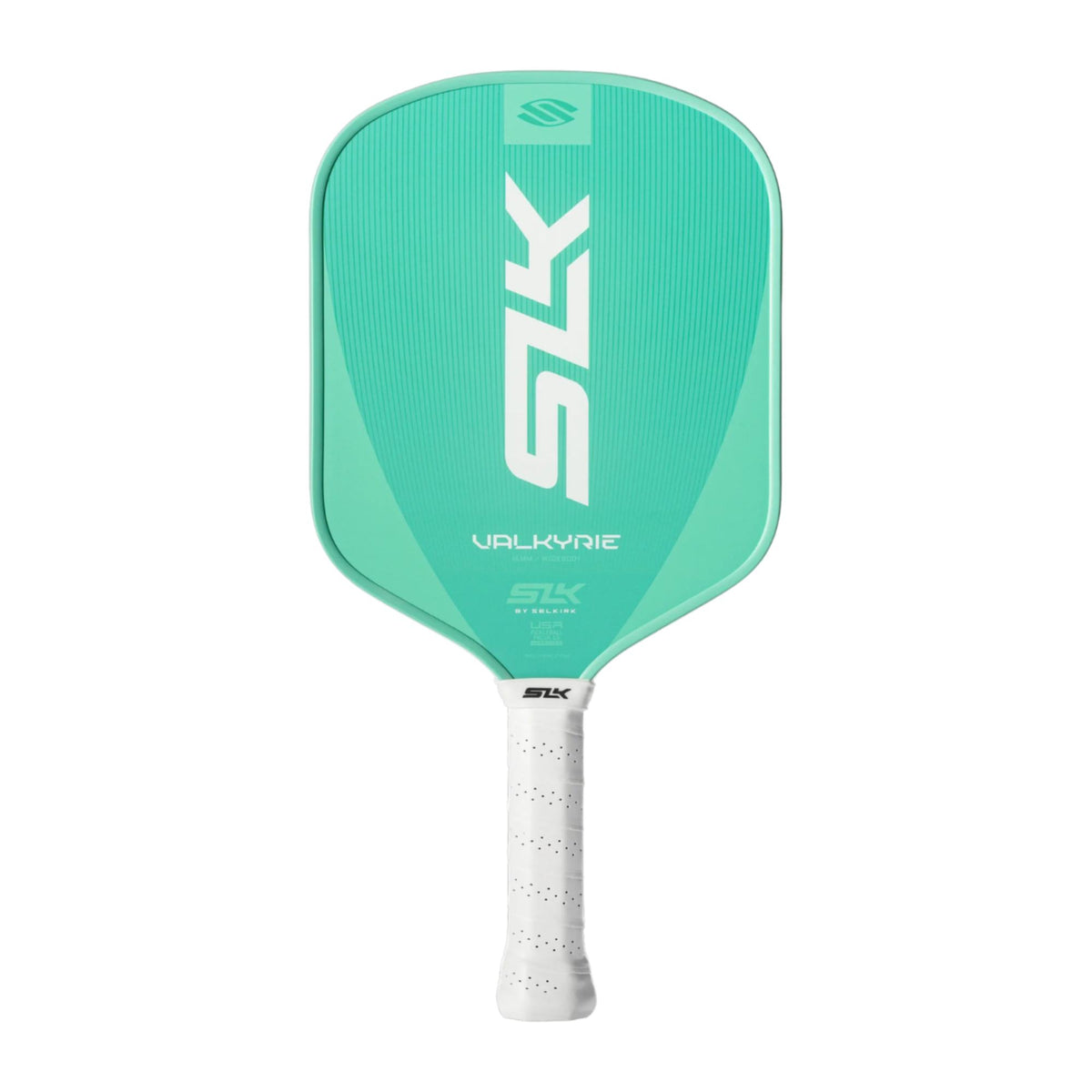 Selkirk SLK Valkyrie pickleball paddle with a textured face, wide body shape, and perforated grip handle.