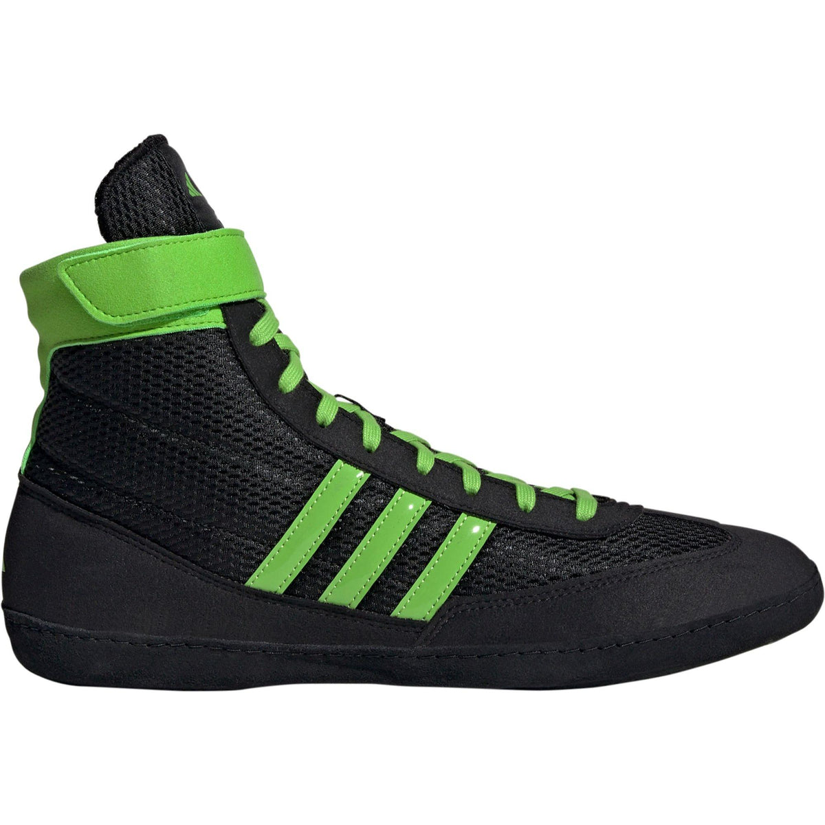 Black high-top wrestling shoe with a breathable mesh upper, black laces, bright green ankle strap and laces, and three green diagonal stripes on the side; featuring a low-profile black outsole designed for grip, stability, and mat control.