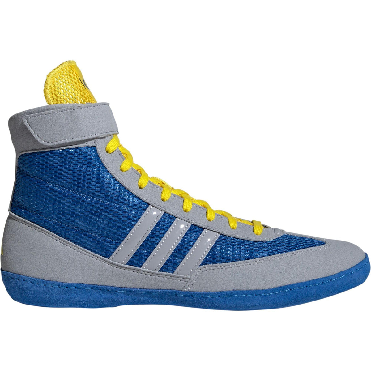 Blue and gray high-top wrestling shoe with a breathable blue mesh upper, gray suede overlays, bright yellow laces and ankle strap, and three light gray diagonal stripes on the side; featuring a blue low-profile outsole designed for grip, stability, and mat control.