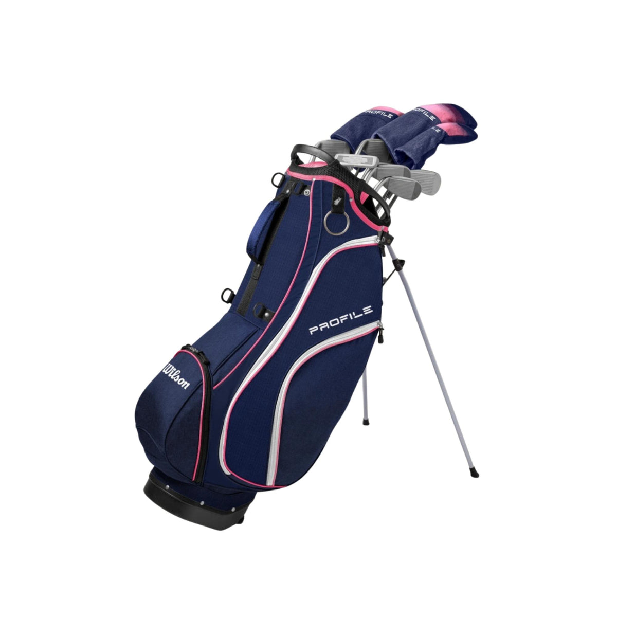 Wilson Golf Women’s Profile complete golf set with navy stand bag featuring pink accents, multiple clubs, and a lightweight stand for easy carrying on the course.