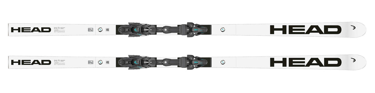 HEAD WCR e-DH Rebel FIS Downhill Race Skis 215 cm with Race Plate in White - top view with display binding