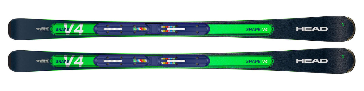 HEAD Shape V4 R All-Mountain Skis with AMT-PR Plate, Dark Blue/Green, 170 cm in Navy - top view
