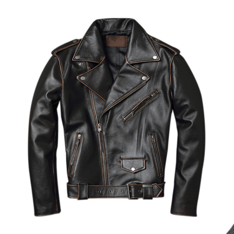Men's Cowhide Leather Fashion Jacket, Slim Moto Style