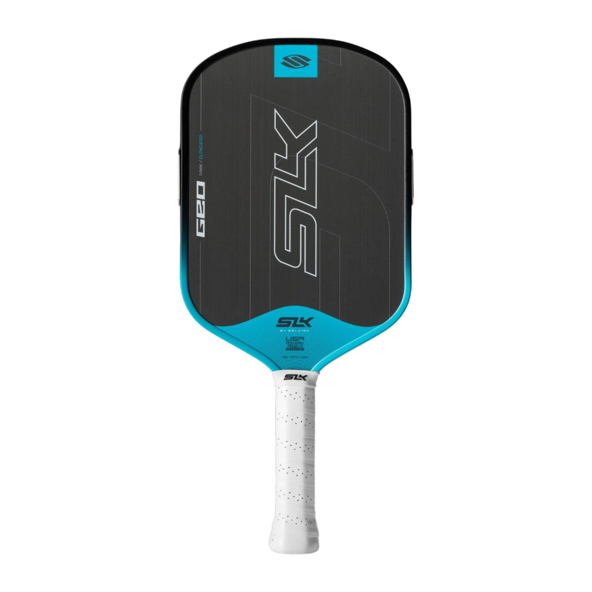Selkirk SLK Geo pickleball paddle with a textured face, streamlined shape, and perforated grip handle.