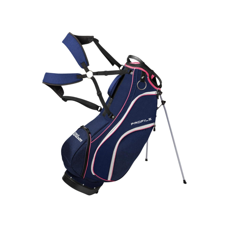 Wilson Golf Women’s Profile complete golf set with navy stand bag featuring pink accents, multiple clubs, and a lightweight stand for easy carrying on the course.
