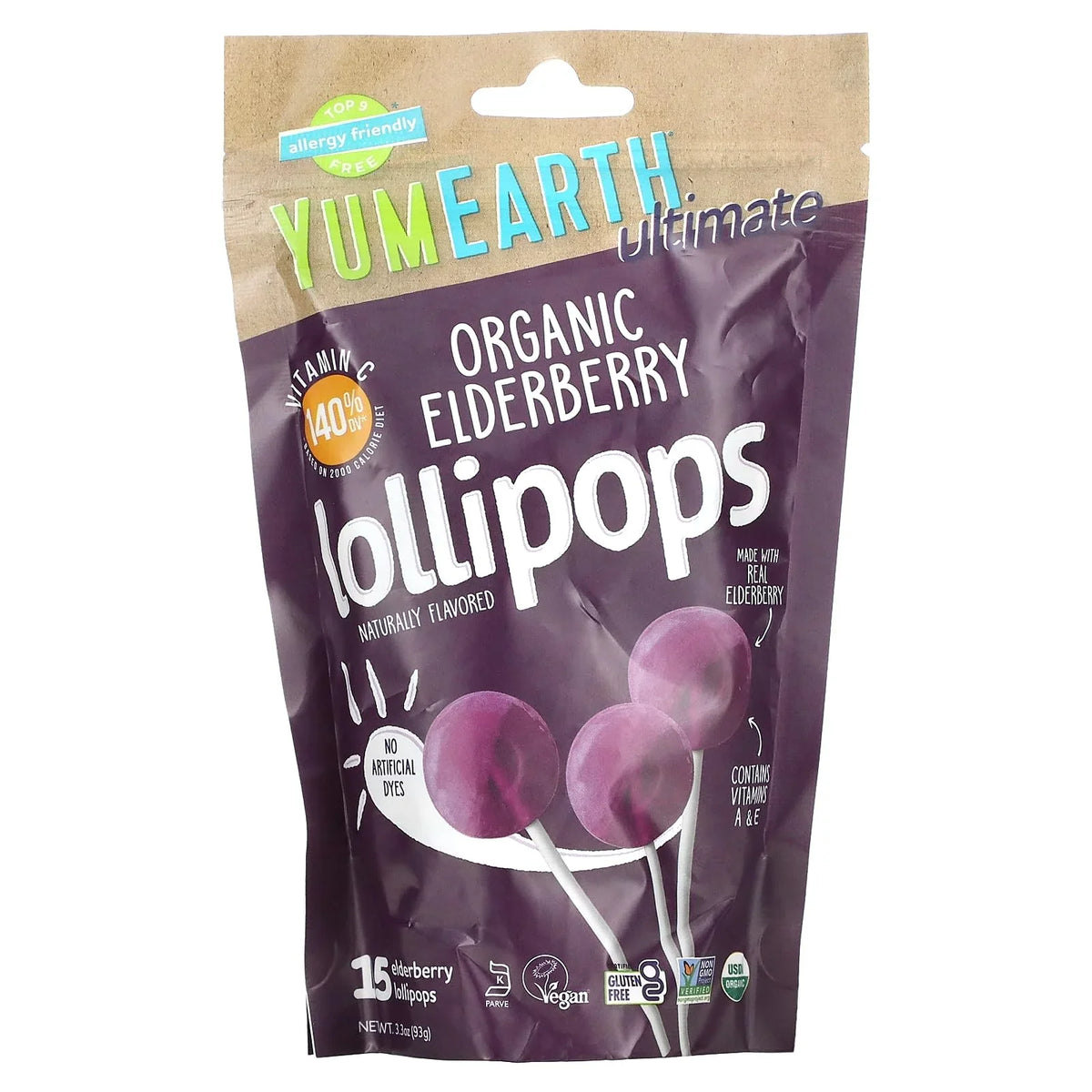 YumEarth Organic Elderberry Lollipops, 3.3 oz (Case of 6)