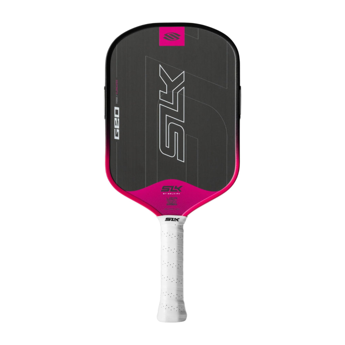 Selkirk SLK Geo pickleball paddle with a textured face, streamlined shape, and perforated grip handle.