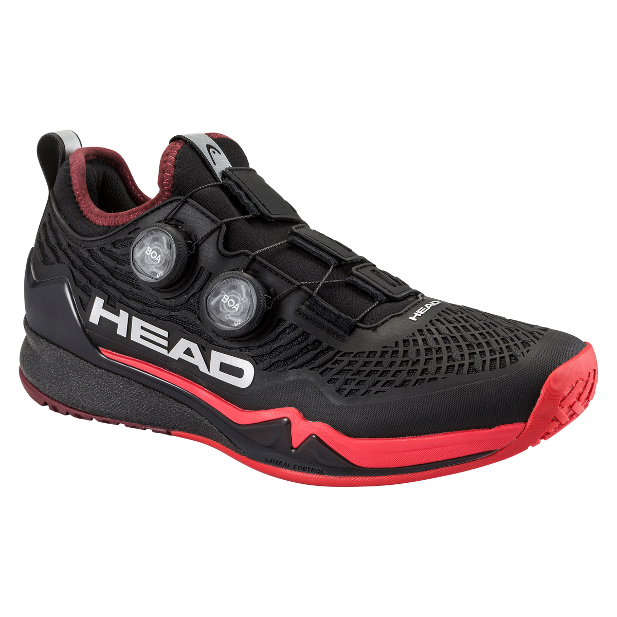 Black and red HEAD Endure Pro BOA men’s athletic shoe with dual BOA dial closure, shown with one shoe angled forward and the outsole visible on a black background.