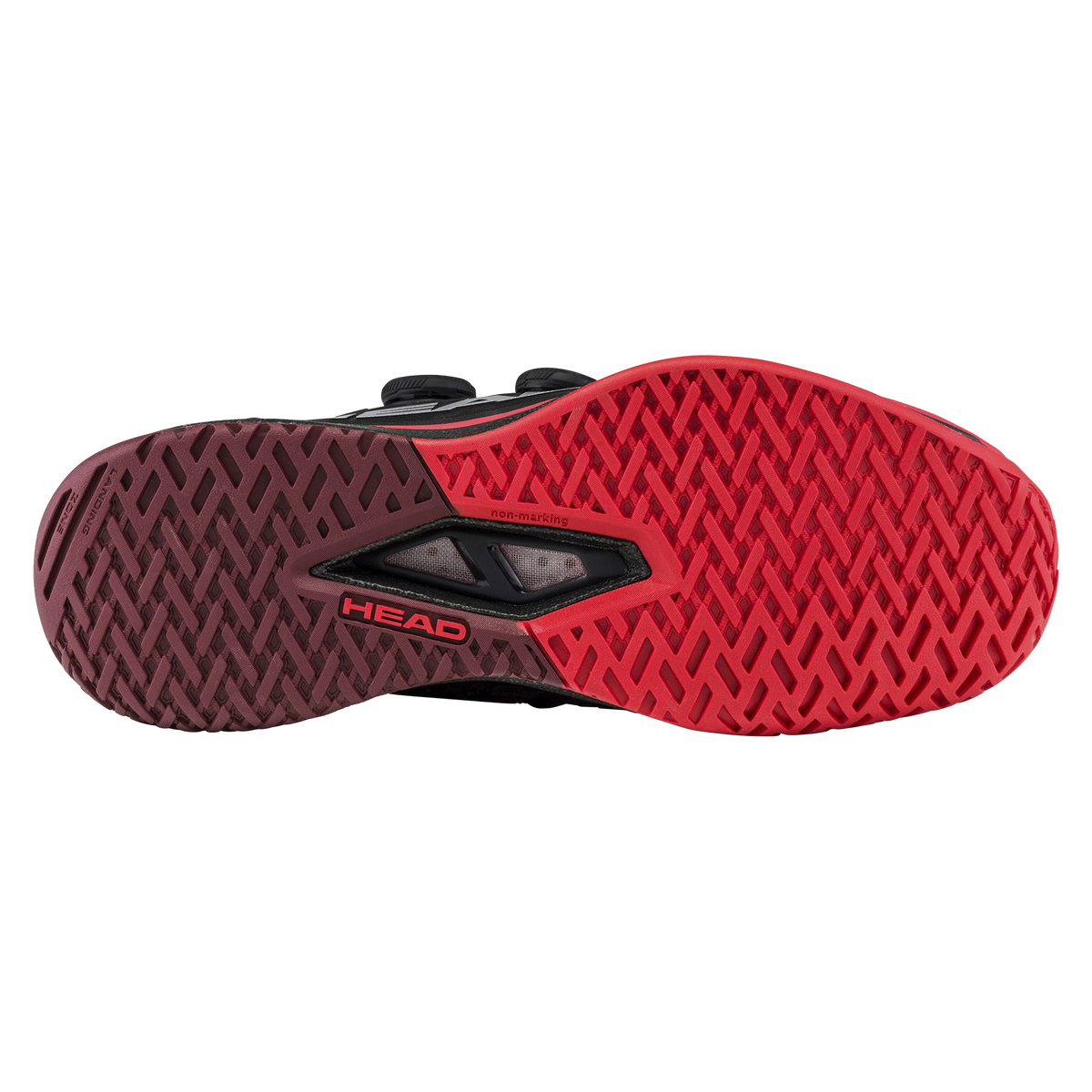 Black and red HEAD Endure Pro BOA men’s athletic shoe with dual BOA dial closure, shown with one shoe angled forward and the outsole visible on a black background.