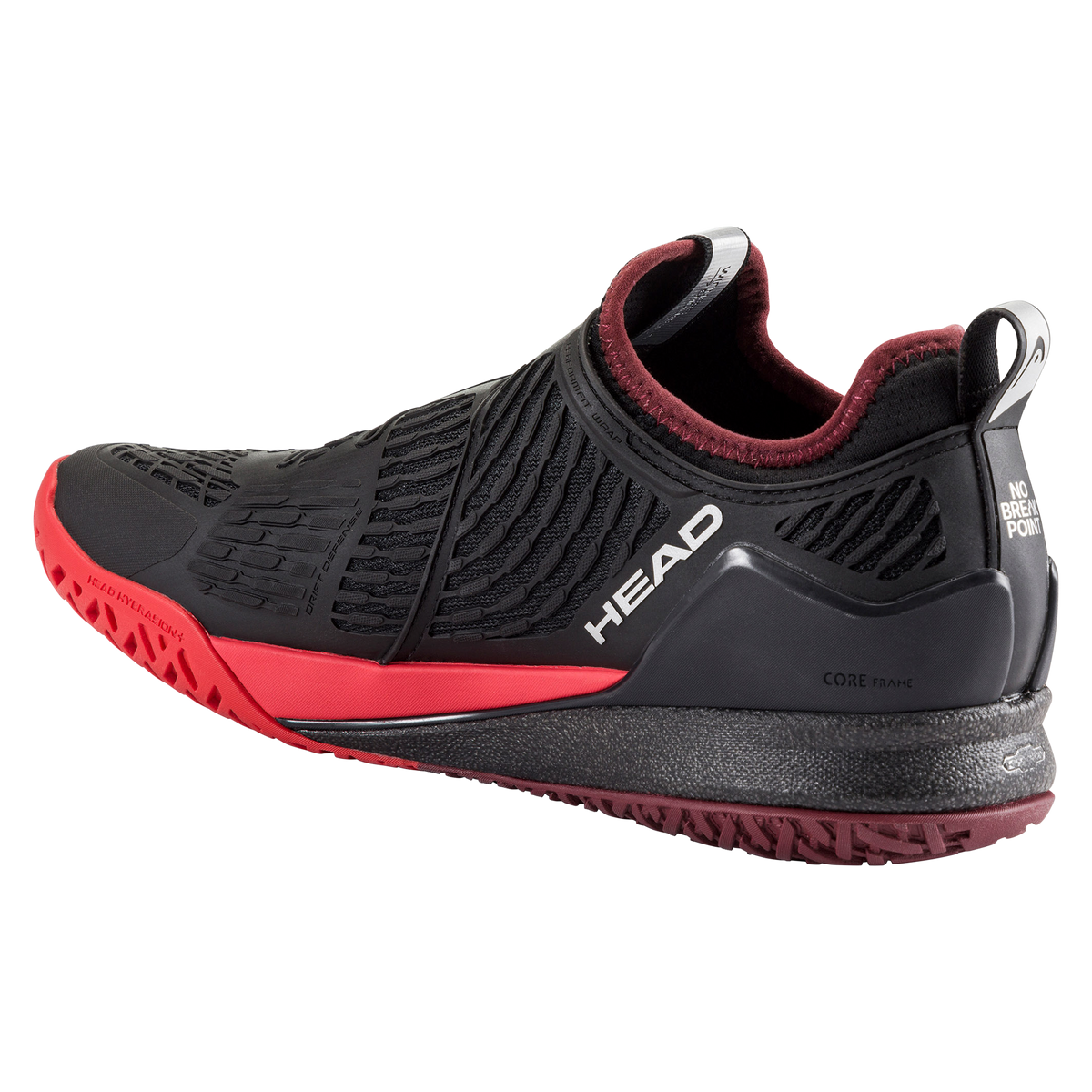 Black and red HEAD Endure Pro BOA men’s athletic shoe with dual BOA dial closure, shown with one shoe angled forward and the outsole visible on a black background.
