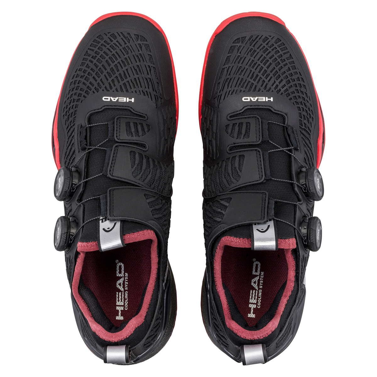 Black and red HEAD Endure Pro BOA men’s athletic shoe with dual BOA dial closure, shown with one shoe angled forward and the outsole visible on a black background.