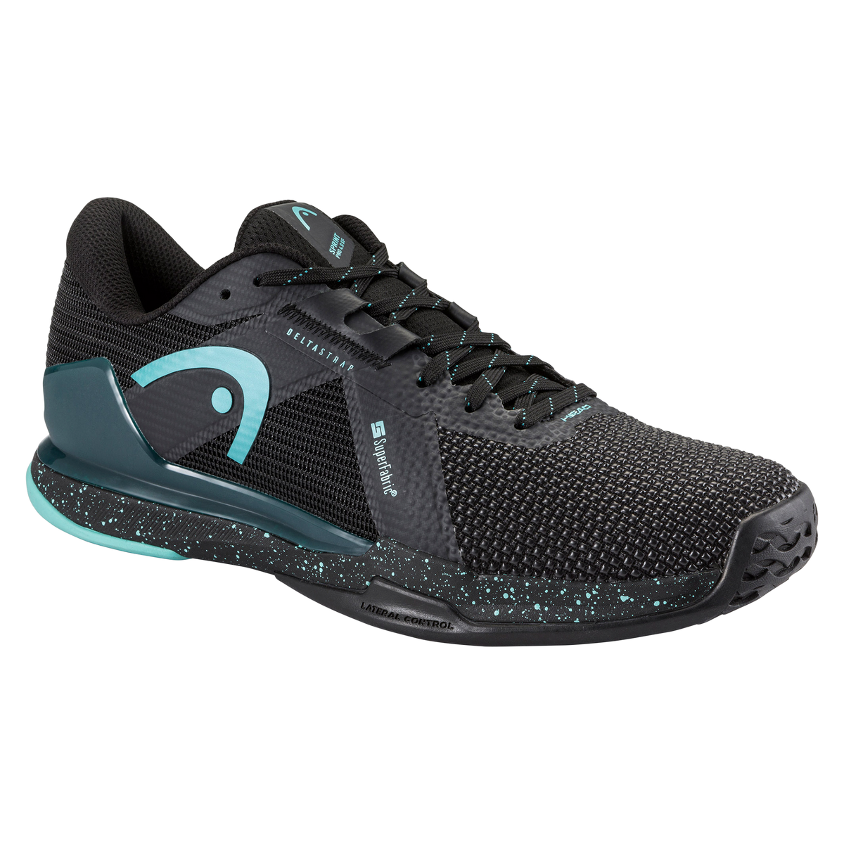 Black and teal HEAD Sprint Pro 4.0 SF men’s tennis shoe shown on a black background, with one shoe angled forward and the other displaying the non-marking outsole, highlighting the breathable mesh upper, lateral support, and HEAD branding.