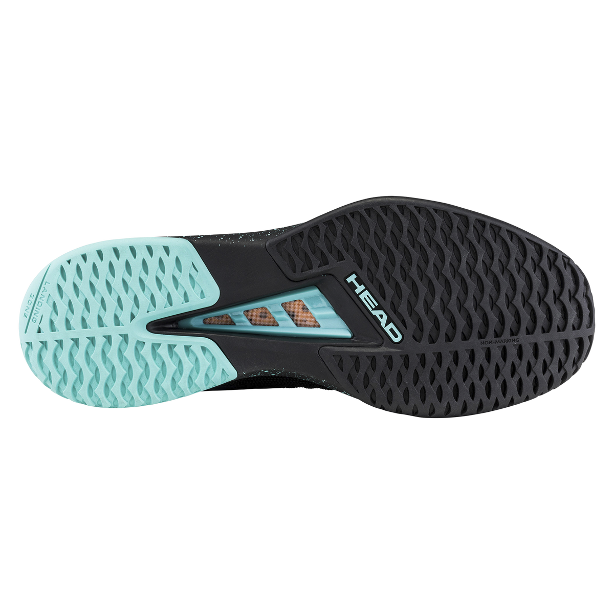 Black and teal HEAD Sprint Pro 4.0 SF men’s tennis shoe shown on a black background, with one shoe angled forward and the other displaying the non-marking outsole, highlighting the breathable mesh upper, lateral support, and HEAD branding.