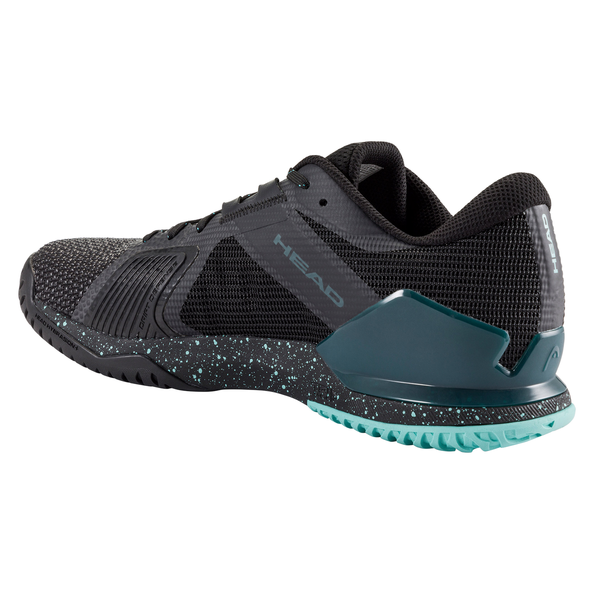 Black and teal HEAD Sprint Pro 4.0 SF men’s tennis shoe shown on a black background, with one shoe angled forward and the other displaying the non-marking outsole, highlighting the breathable mesh upper, lateral support, and HEAD branding.